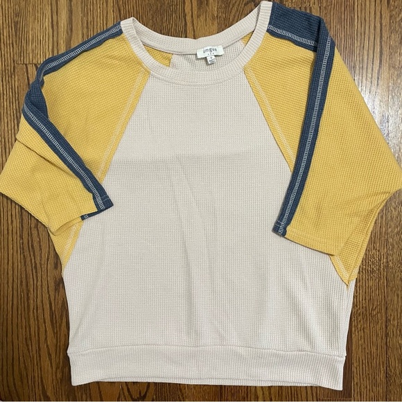 Umgee Waffle Texture Blue Gold Oatmeal Oversized Mid Sleeve Shirt Size Small - Picture 1 of 7